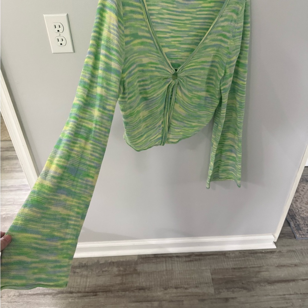 American Eagle Outfitters Green and White Tie Front Crop Blouse - Picture 4 of 4